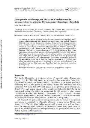 Host–Parasite Relationships and Life Cycles of Cuckoo Wasps in Agro-Ecosystems in Argentina (Hymenoptera: Chrysididae: Chrysidini) Juan Pablo Torretta*