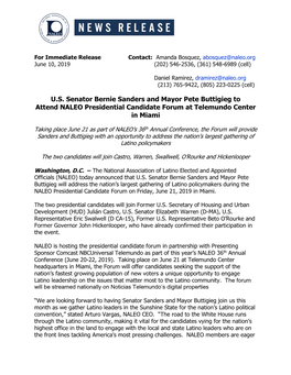 U.S. Senator Bernie Sanders and Mayor Pete Buttigieg to Attend NALEO Presidential Candidate Forum at Telemundo Center in Miami