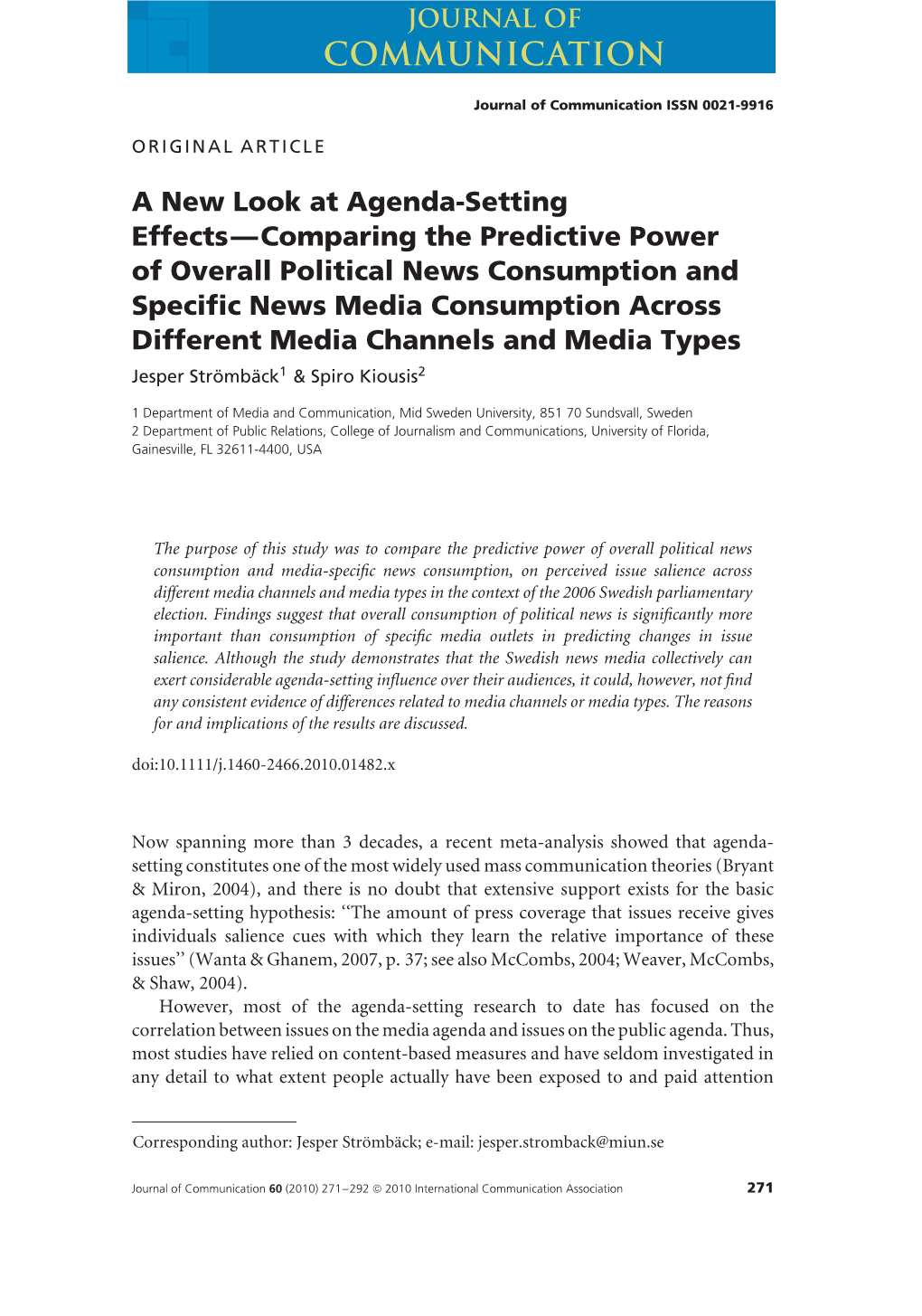 A New Look at Agendasetting Effectscomparing the Predictive