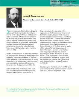 Biography Joseph Cook (1860-1947) Member for Parramatta (New South