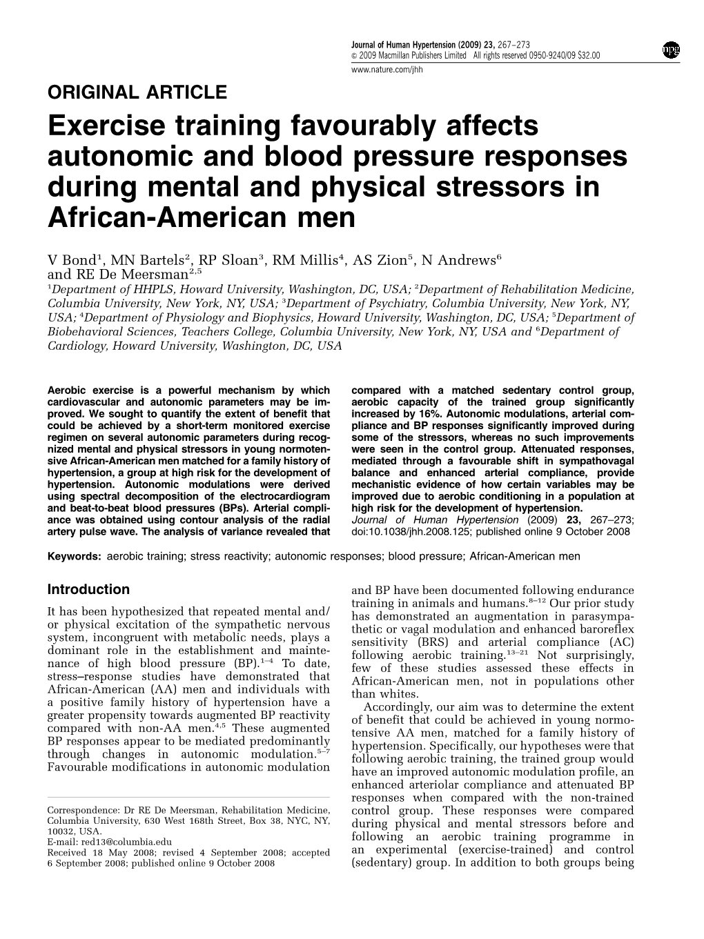 Exercise Training Favourably Affects Autonomic and Blood Pressure Responses During Mental and Physical Stressors in African-American Men