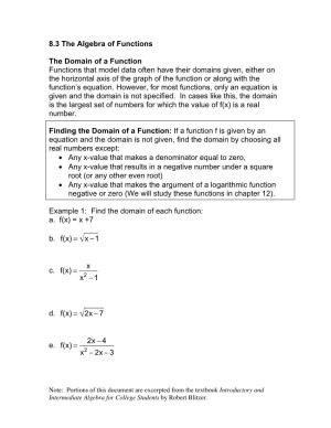 8.3 the Algebra of Functions the Domain of a Function Functions That