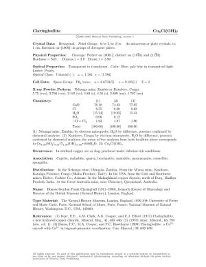 Claringbullite Cu4cl(OH)7 C 2001-2005 Mineral Data Publishing, Version 1