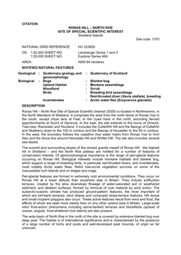 CITATION RONAS HILL – NORTH ROE SITE of SPECIAL SCIENTIFIC INTEREST Shetland Islands Site Code: 1370