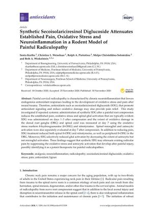 Synthetic Secoisolariciresinol Diglucoside Attenuates Established Pain, Oxidative Stress and Neuroinflammation in a Rodent Model