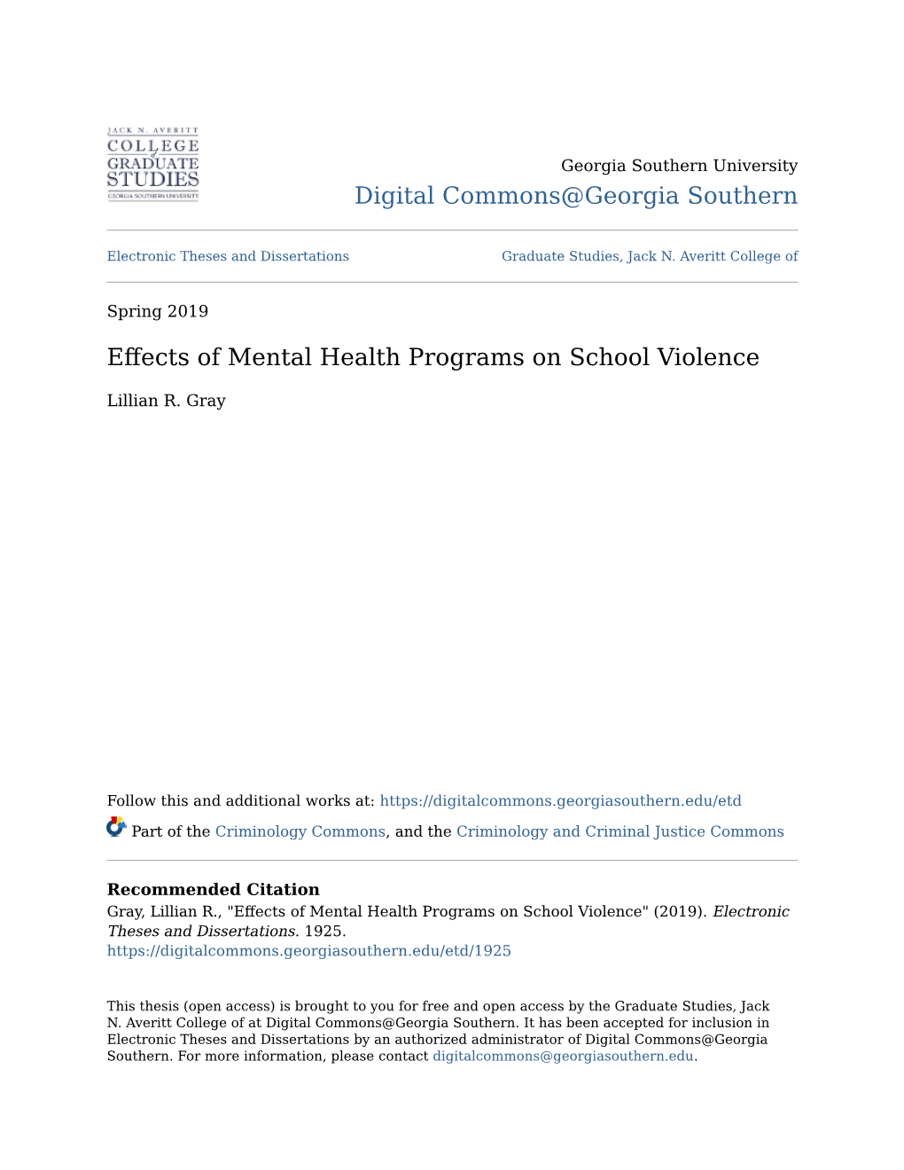 EFFECTS of MENTAL HEALTH PROGRAMS on SCHOOL VIOLENCE by LILLIAN GRAY (Under the Direction of Laura E