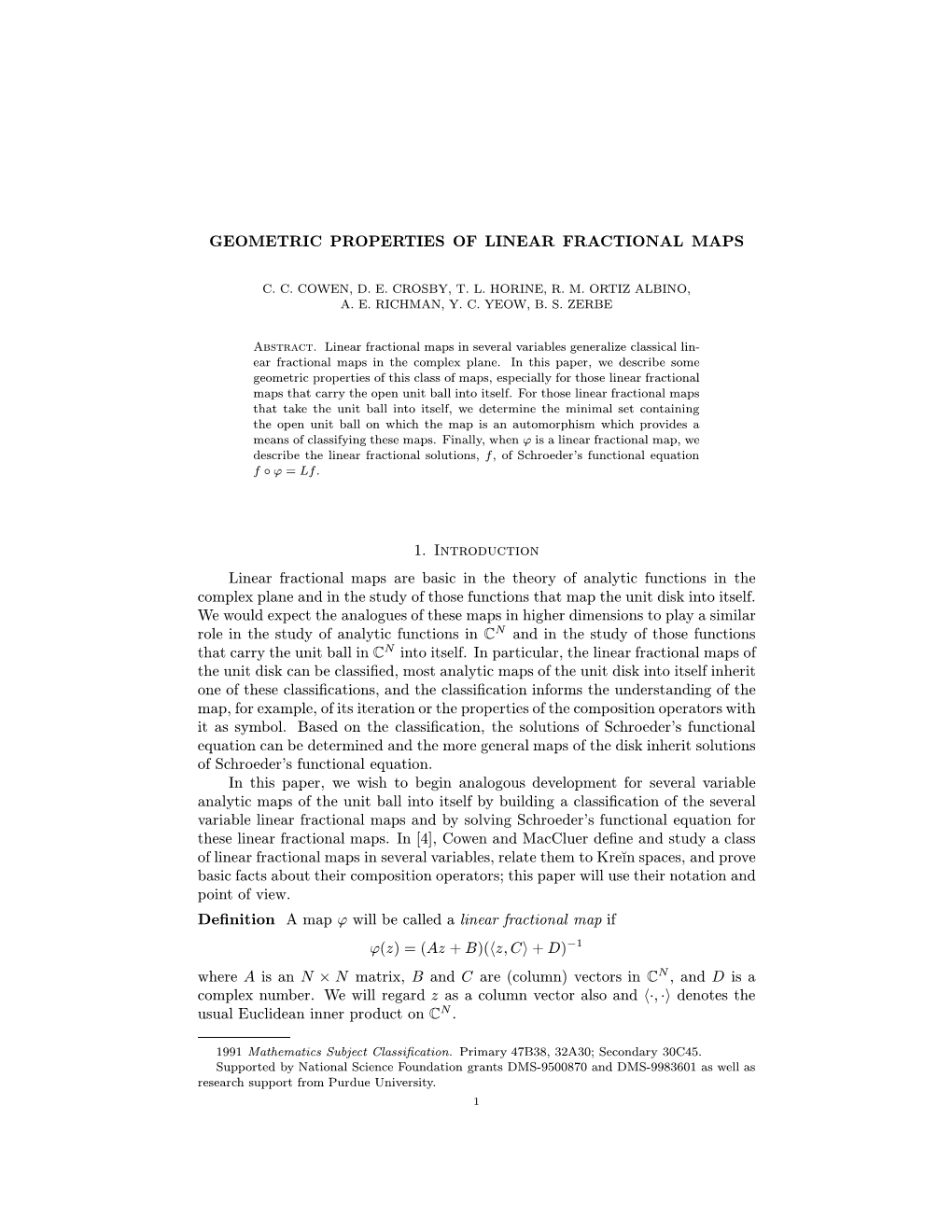 GEOMETRIC PROPERTIES of LINEAR FRACTIONAL MAPS 1. Introduction Linear