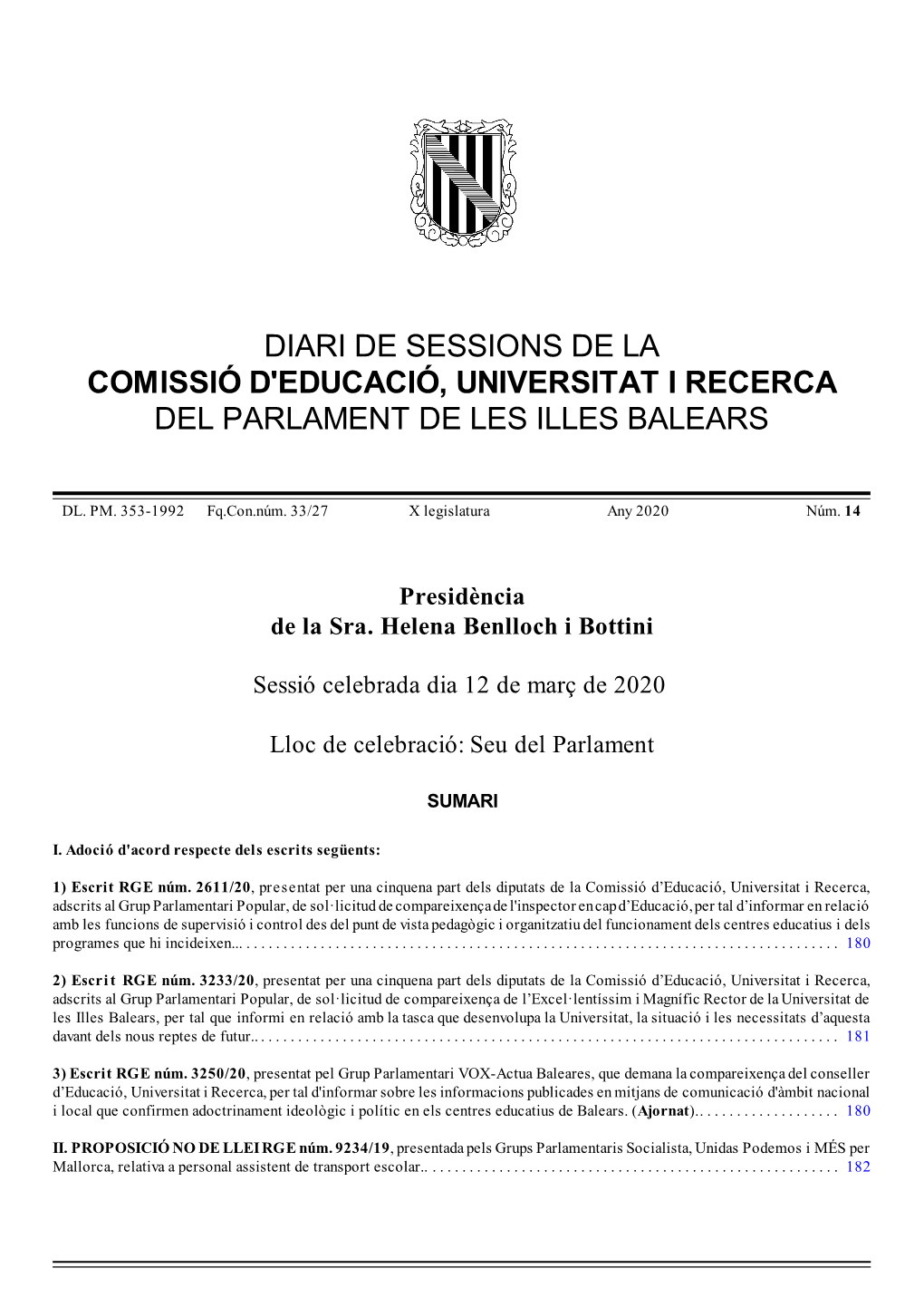 Diari De Sessions De La Comissió D'educació, Universitat I Recerca Del Parlament De Les Illes Balears