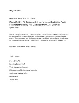 May 28, 2021 Comment Response Document March 21, 2019 PA Department of Environmental Protection Public Hearing for the Rolling H