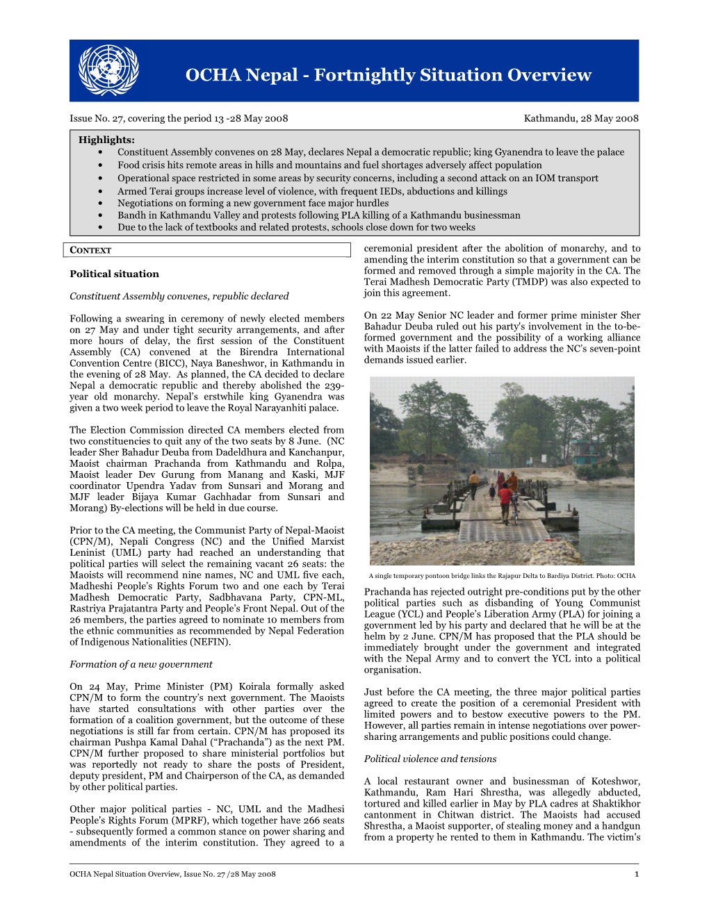 F OCHA Nepal - Fortnightly Situation Overview