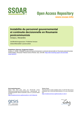 Instabilite Du Personnel Gouvernemental Et Continuite Decisionnelle En Roumanie Postcommuniste Ionașcu, Alexandra