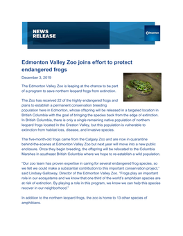 Edmonton Valley Zoo Joins Effort to Protect Endangered Frogs December 3, 2019