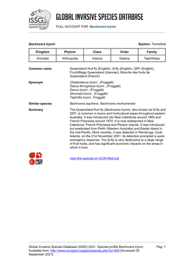 Bactrocera Tryoni Global Invasive Species Database (GISD)