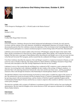 Jane Lubchenco Oral History Interviews, October 6, 2014