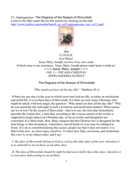 V1 Septuagesima= the Disgrace of the Season of Shrovetide