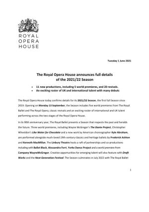 The Royal Opera House Announces Full Details of the 2021/22 Season