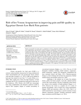 Role of Bee Venom Acupuncture in Improving Pain and Life Quality in Egyptian Chronic Low Back Pain Patients