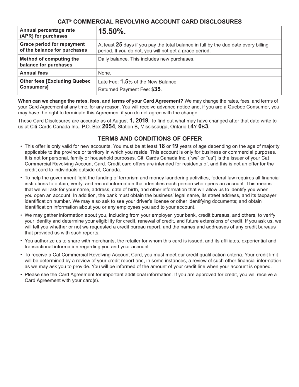 The Cat Commercial Revolving Account Card Disclosures