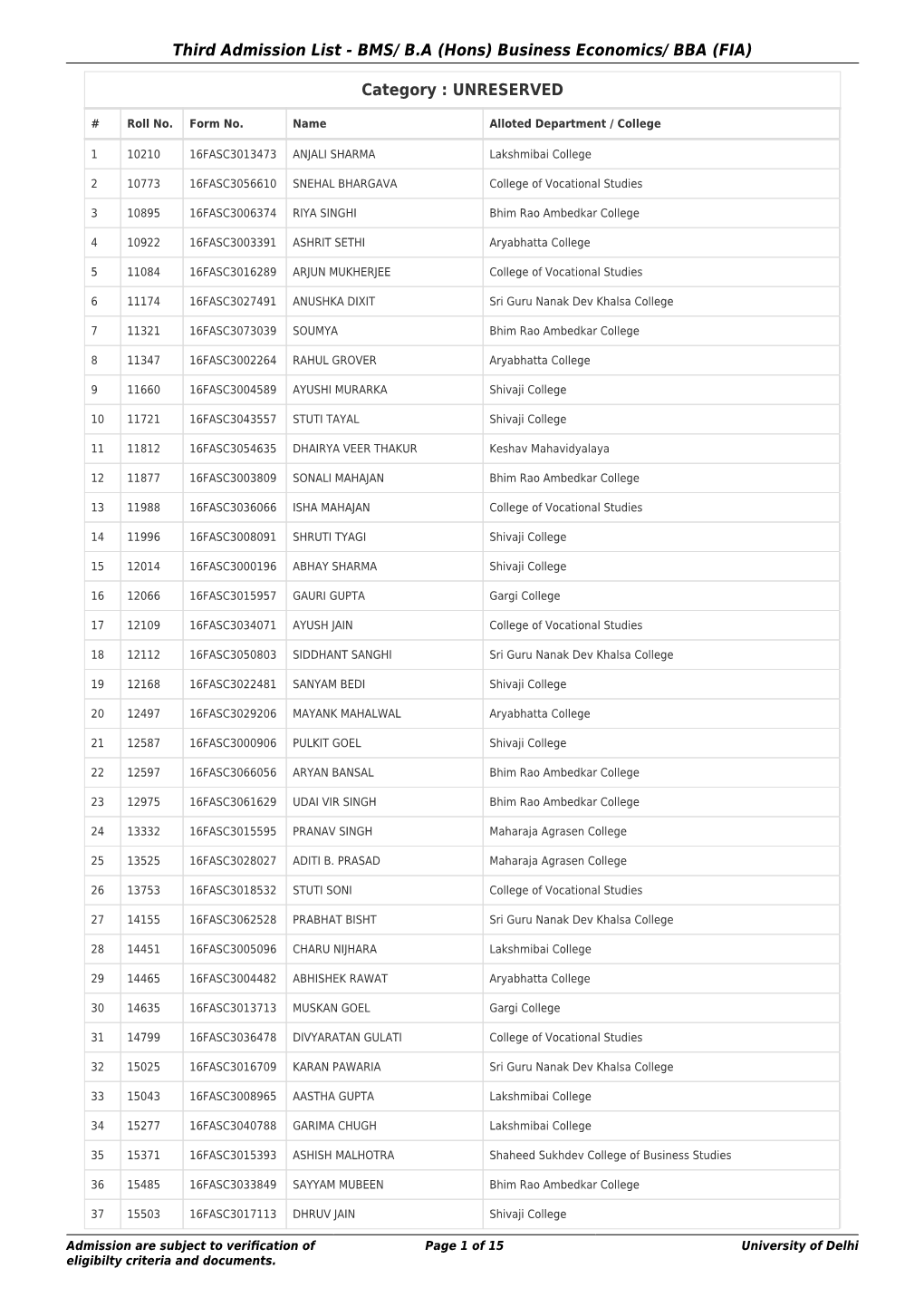 Third Admission List - BMS/ B.A (Hons) Business Economics/ BBA (FIA)