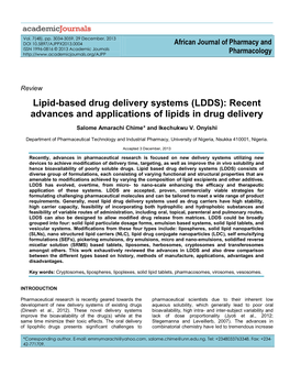 Lipid-Based Drug Delivery Systems (LDDS): Recent Advances and Applications of Lipids in Drug Delivery