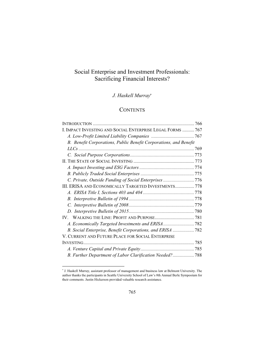 Social Enterprise and Investment Professionals: Sacrificing Financial Interests?