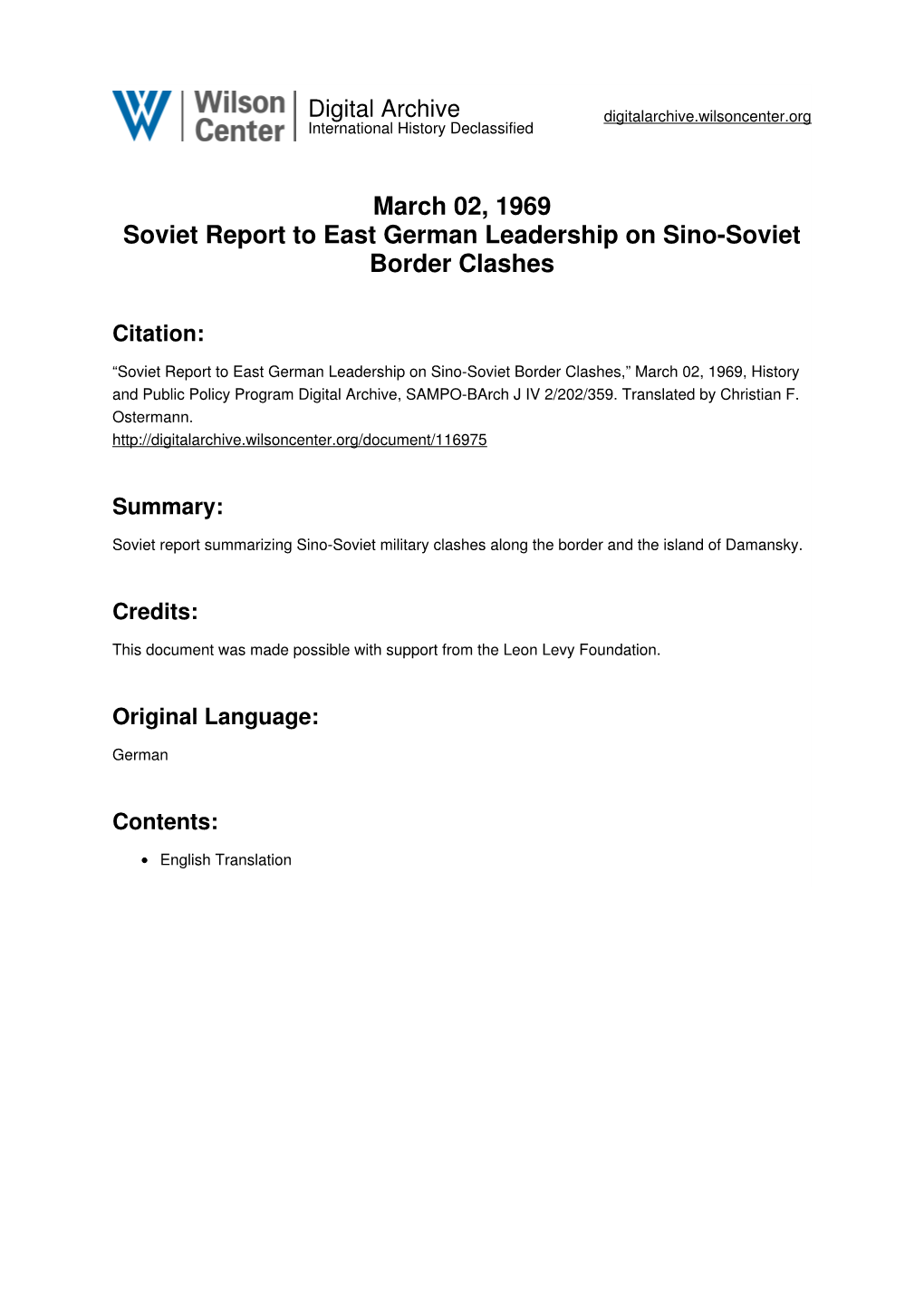 March 02, 1969 Soviet Report to East German Leadership on Sino-Soviet Border Clashes