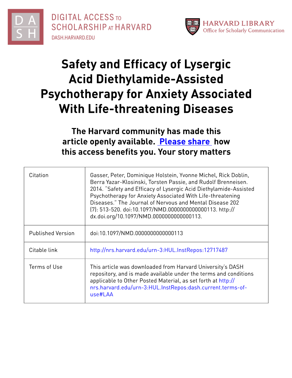 Safety and Efficacy of Lysergic Acid Diethylamide-Assisted Psychotherapy for Anxiety Associated with Life-Threatening Diseases