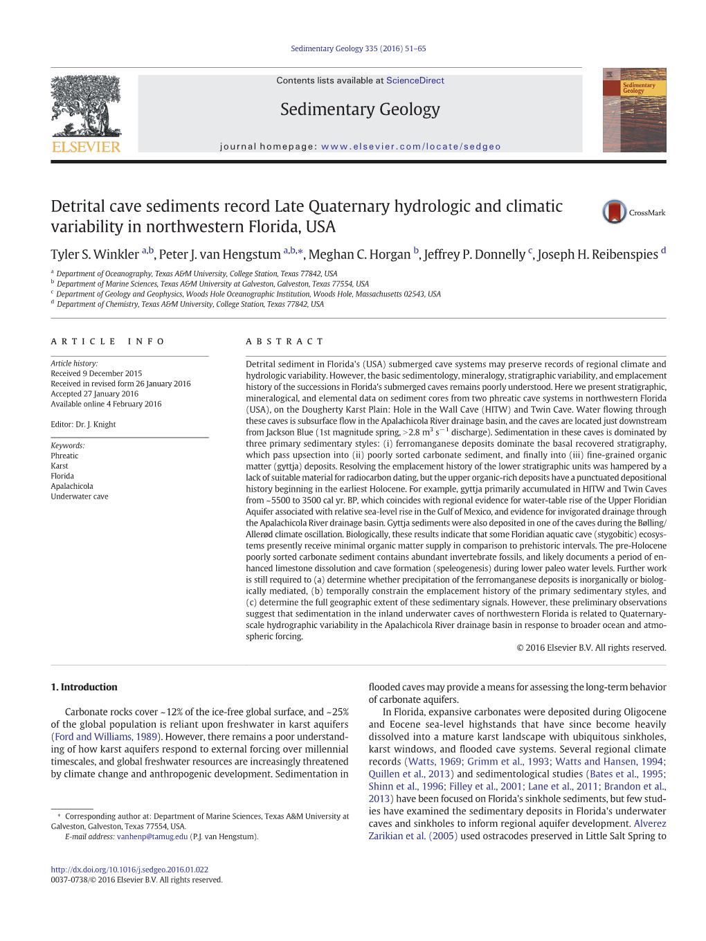 Detrital Cave Sediments Record Late Quaternary Hydrologic and Climatic Variability in Northwestern Florida, USA