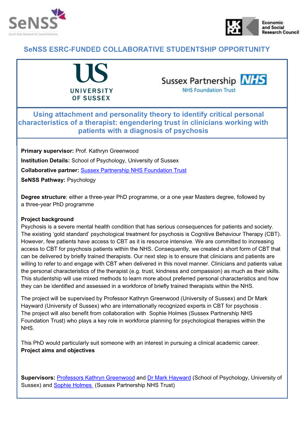 Senss ESRC-FUNDED COLLABORATIVE STUDENTSHIP OPPORTUNITY