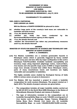 GOVERNMENT of INDIA MINISTRY of EARTH SCIENCES LOK SABHA UNSTARRED QUESTION No