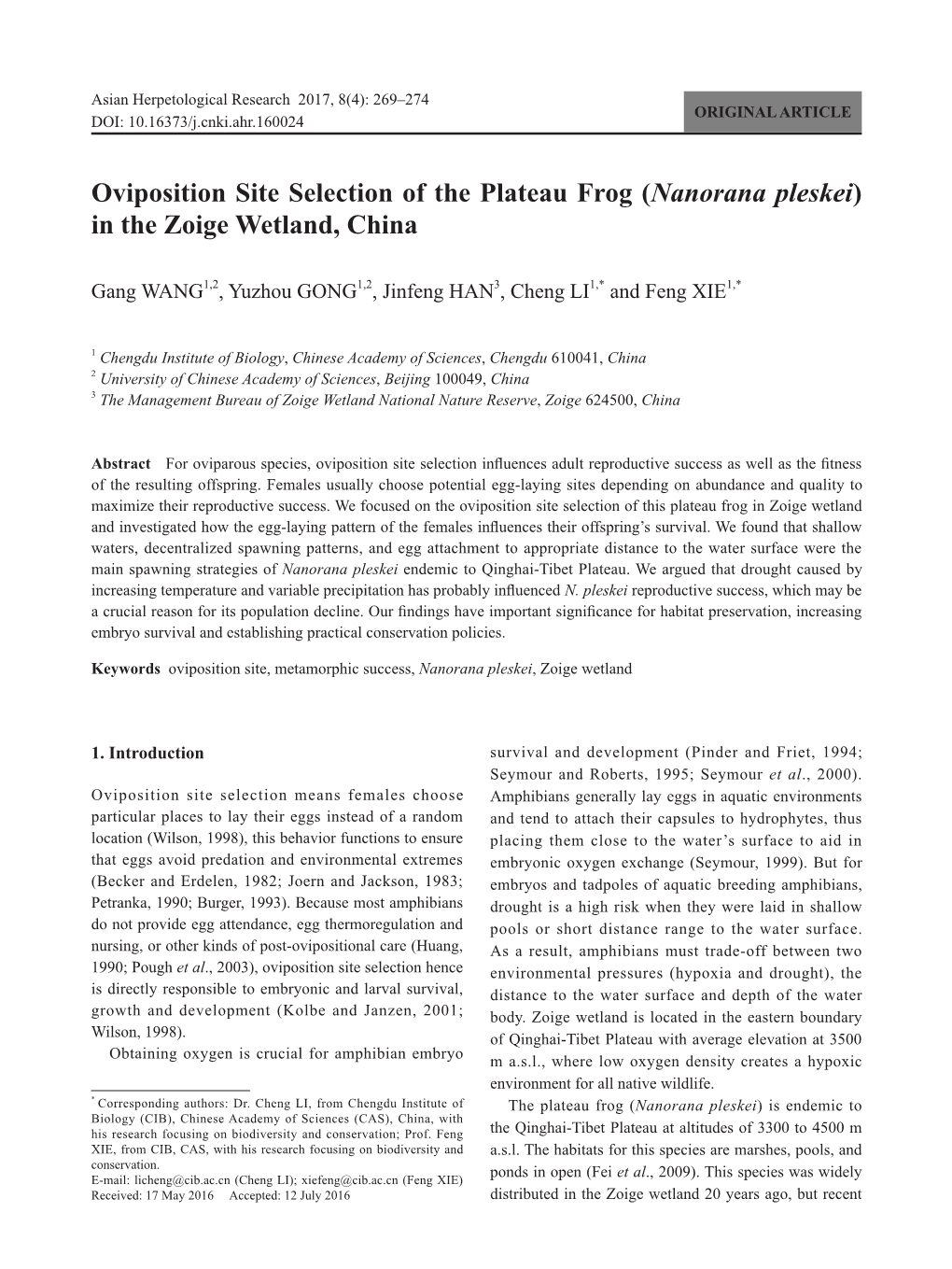 Oviposition Site Selection of the Plateau Frog (Nanorana Pleskei) in the Zoige Wetland, China