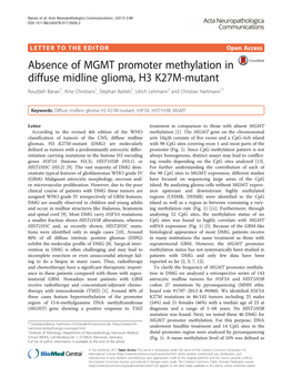 Absence of MGMT Promoter Methylation in Diffuse Midline Glioma, H3 K27M-Mutant