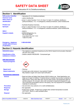 SAFETY DATA SHEET Halocarbon R-14 (Tetrafluoromethane)