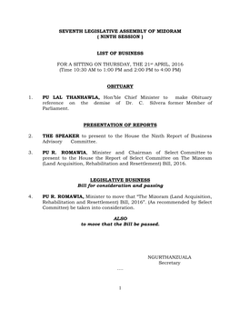 1 Seventh Legislative Assembly of Mizoram ( Ninth