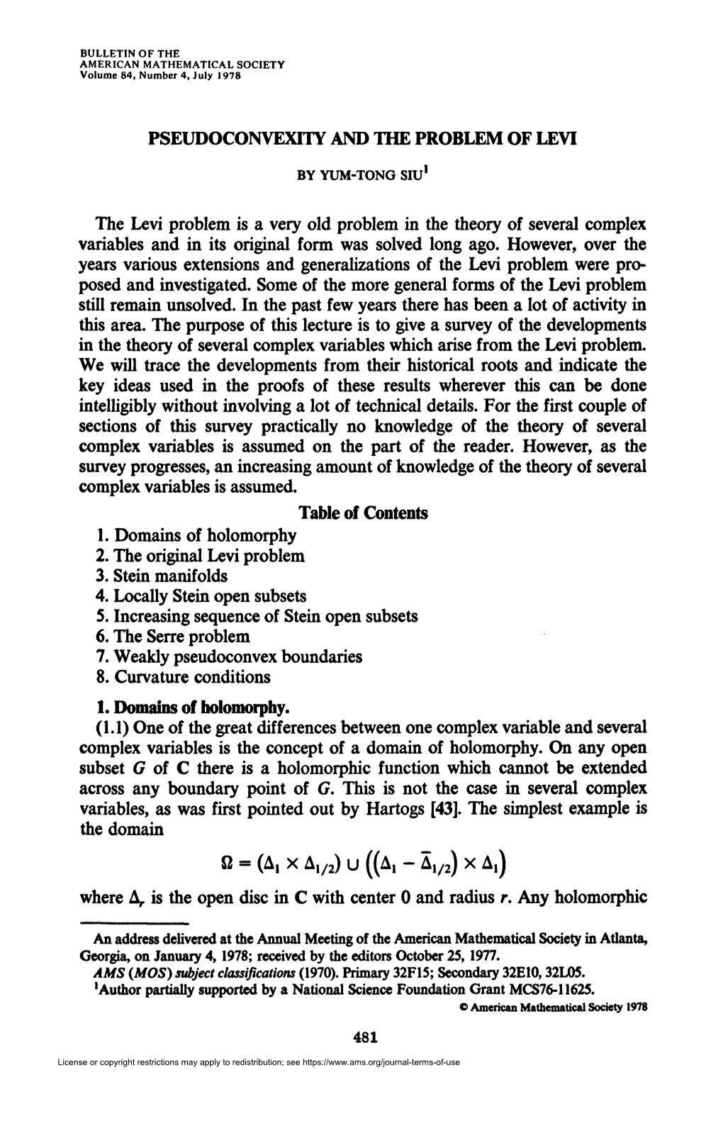 PSEUDOCONVEXTTY and the PROBLEM of LEVI the Levi