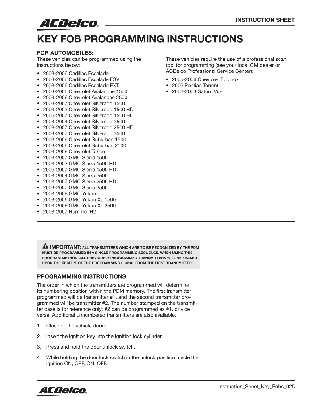 Key Fob Programming Instructions