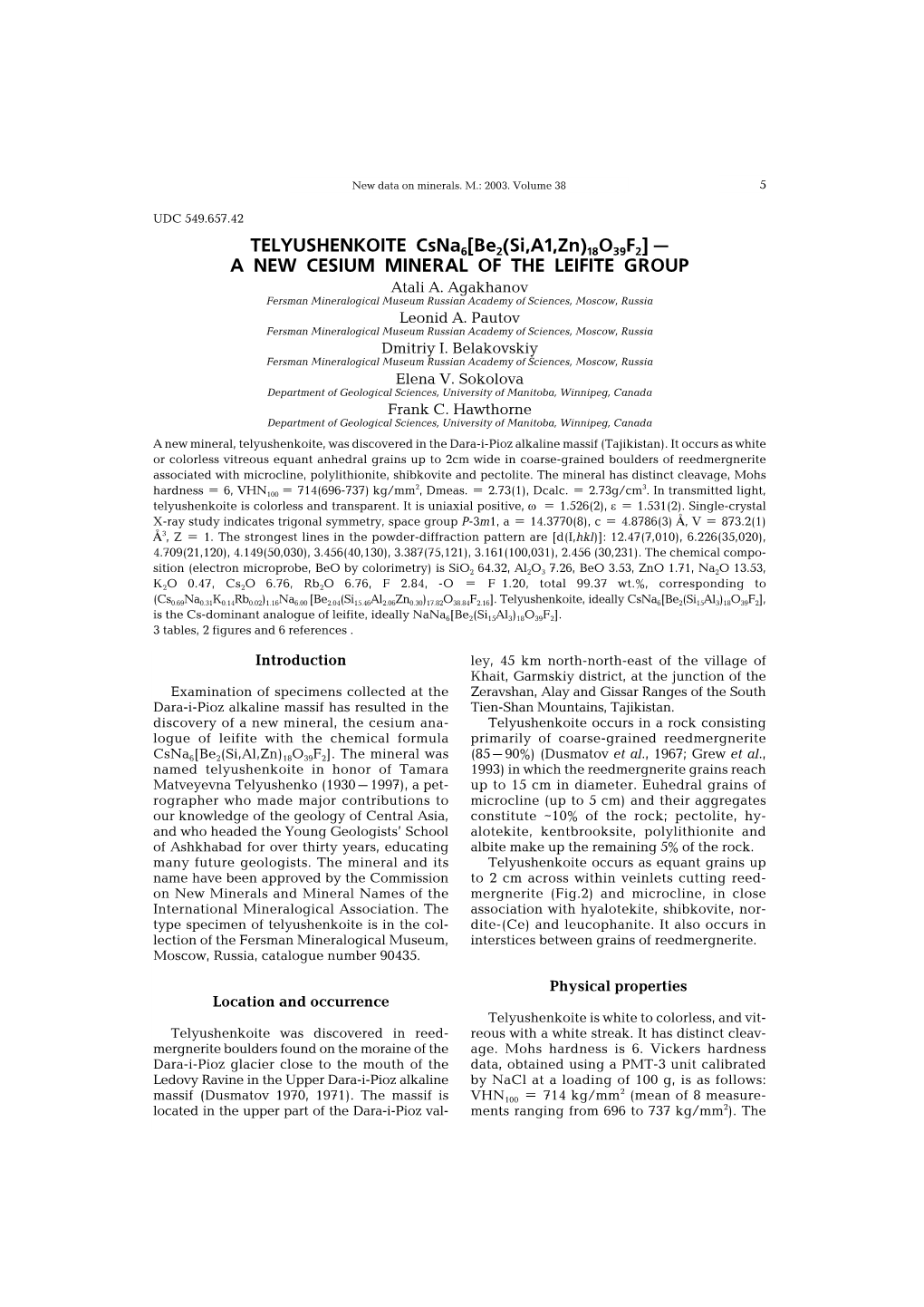 TELYUSHENKOITE Csna6[Be2(Si,A1,Zn)18O39F2] — a NEW CESIUM MINERAL of the LEIFITE GROUP Atali A