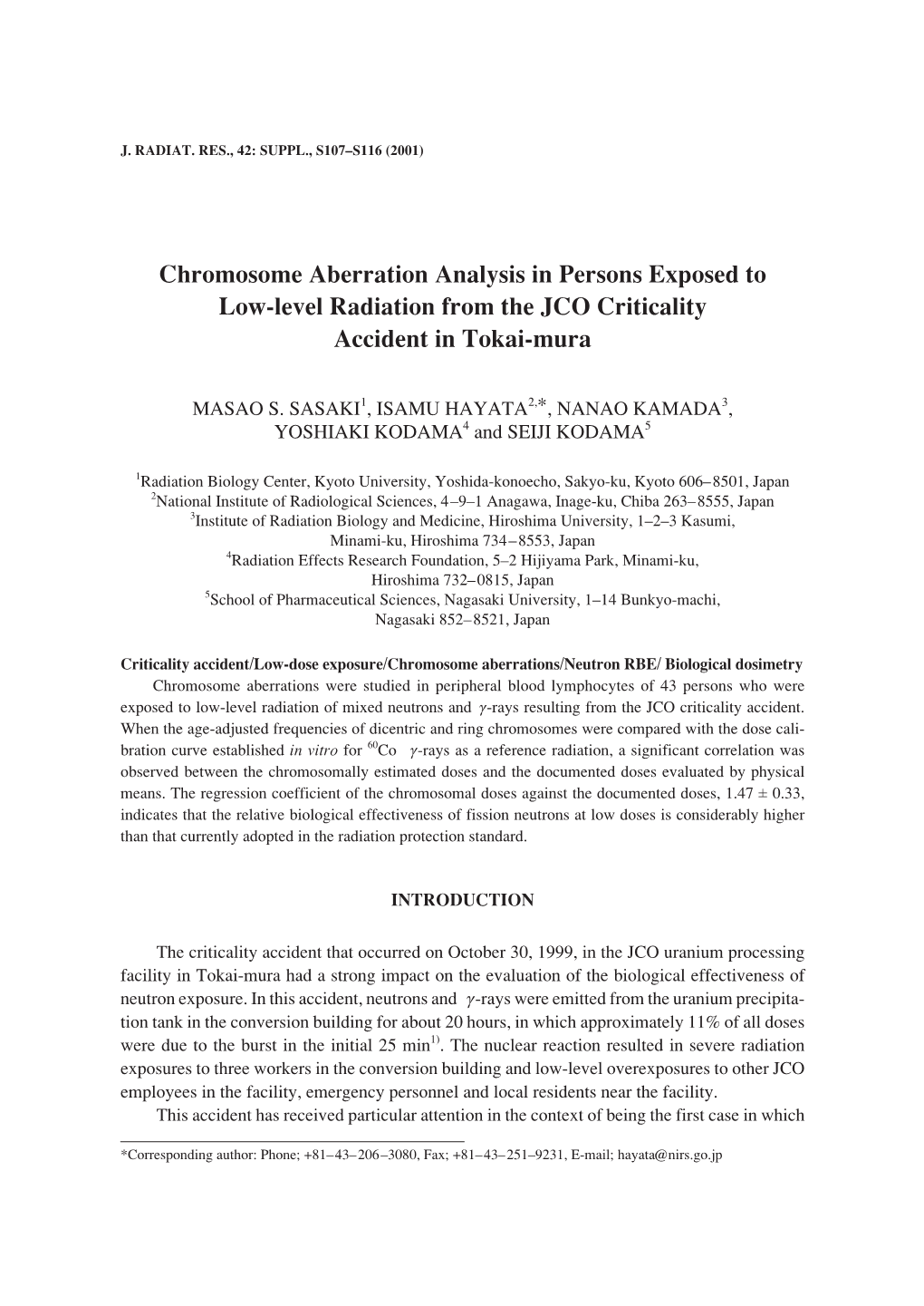 Chromosome Aberration Analysis in Persons Exposed to Low-Level Radiation from the JCO Criticality Accident in Tokai-Mura