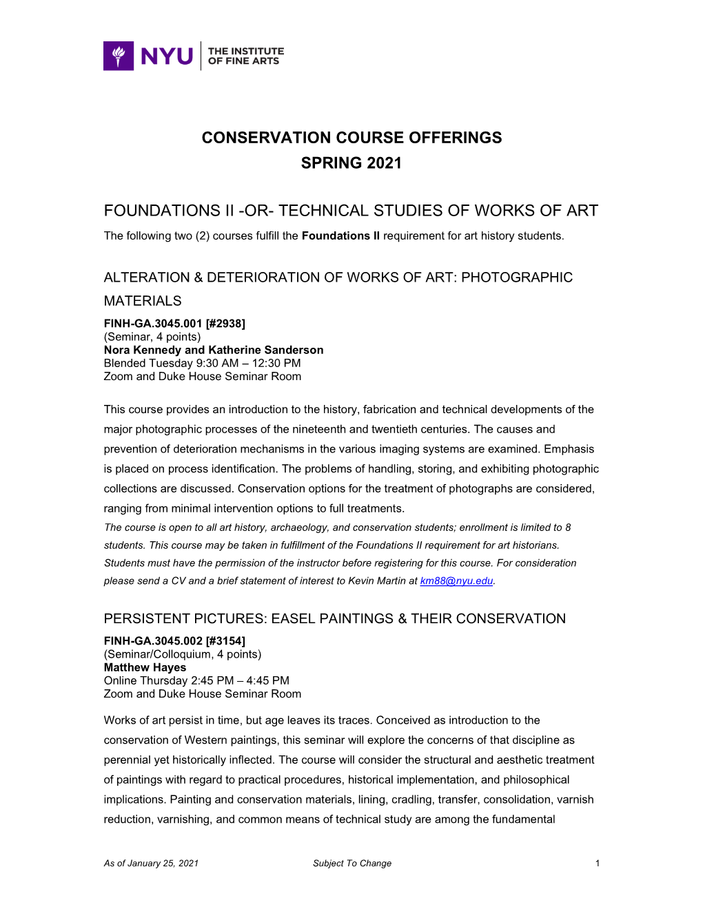 Conservation Course Offerings Spring 2021