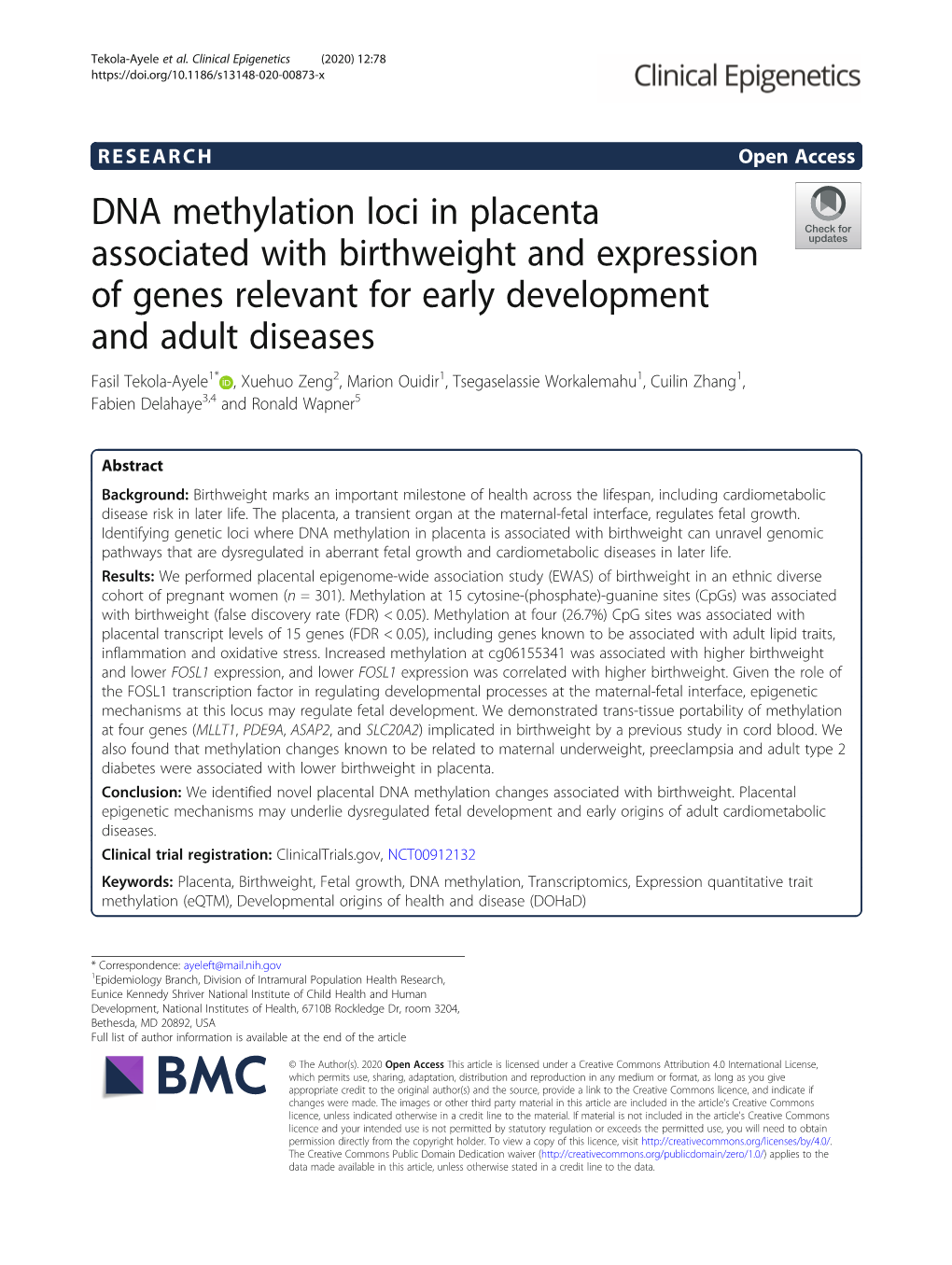 DNA Methylation Loci in Placenta Associated with Birthweight And