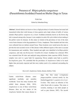 Presence of Rhipicephalus Sanguineus (Parasitiformis:Ixodidae) Found on Shelter Dogs in Texas