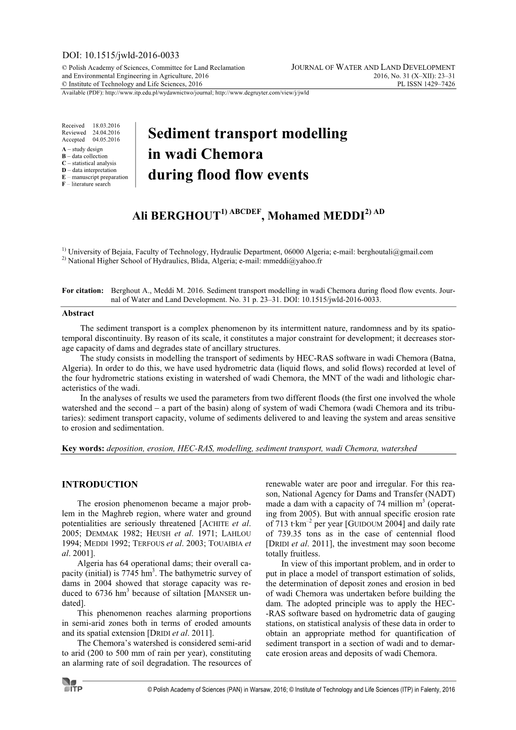 Sediment Transport Modelling in Wadi Chemora During Flood Flow Events