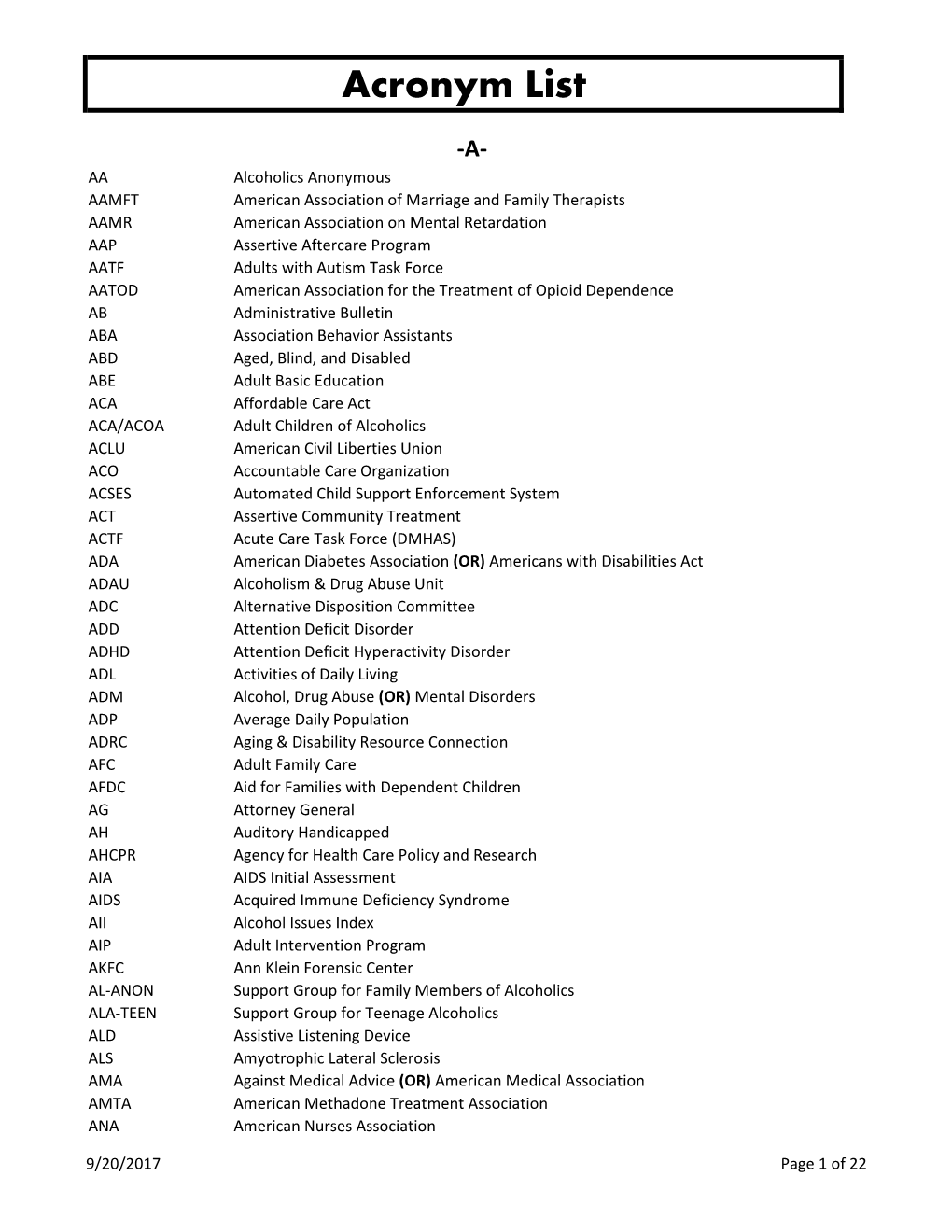 DMHAS Acronym List