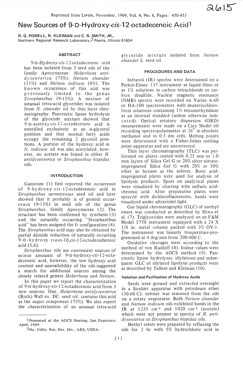 New Sources of 9-D-Hydroxy-Cis-12-Octadecenoic Acid 1