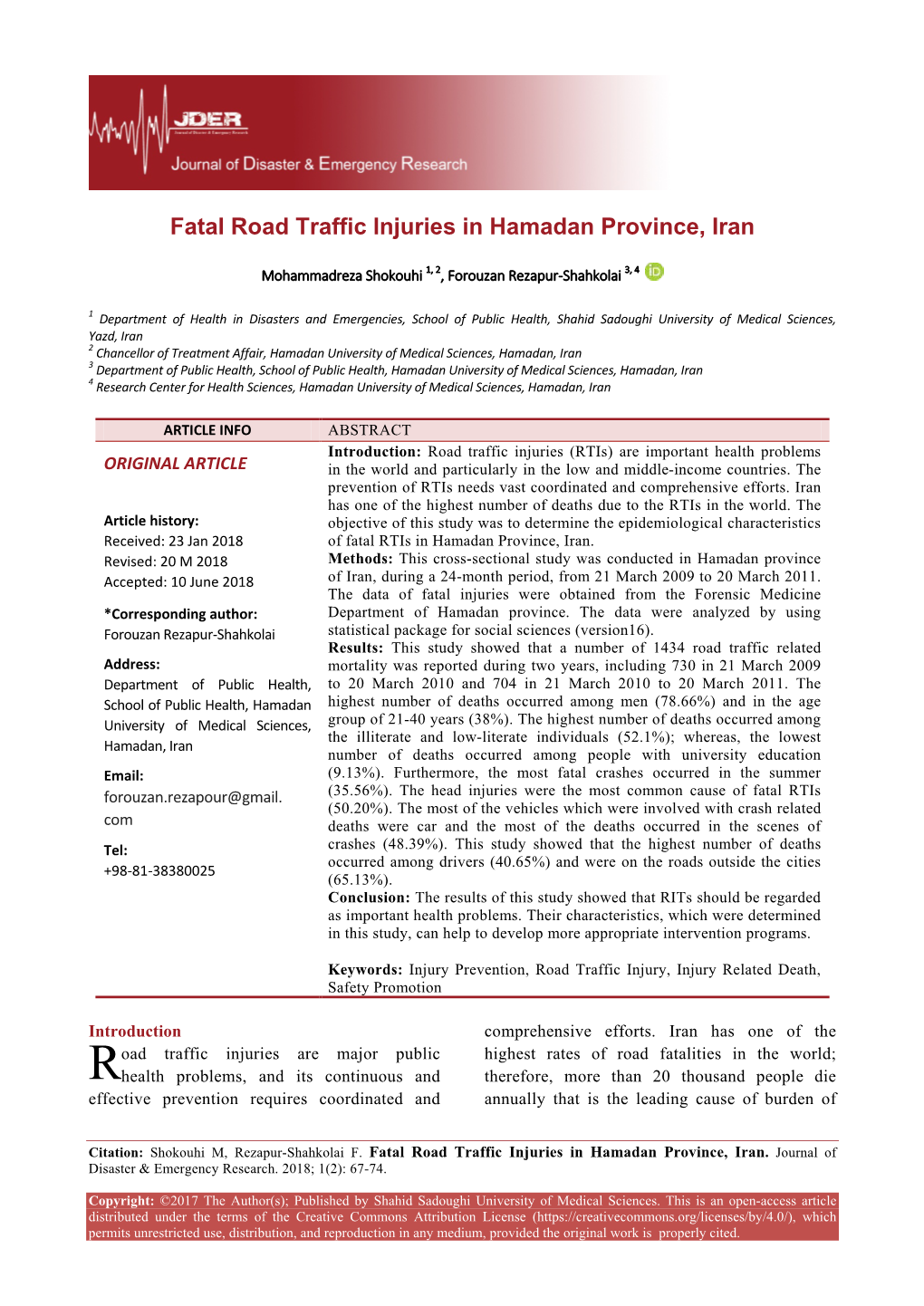 Fatal Road Traffic Injuries in Hamadan Province, Iran