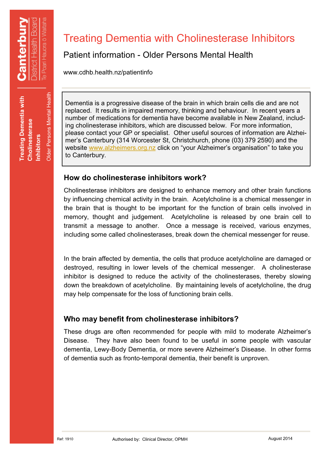 Treating Dementia with Cholinesterase Inhibitors Patient Information - Older Persons Mental Health