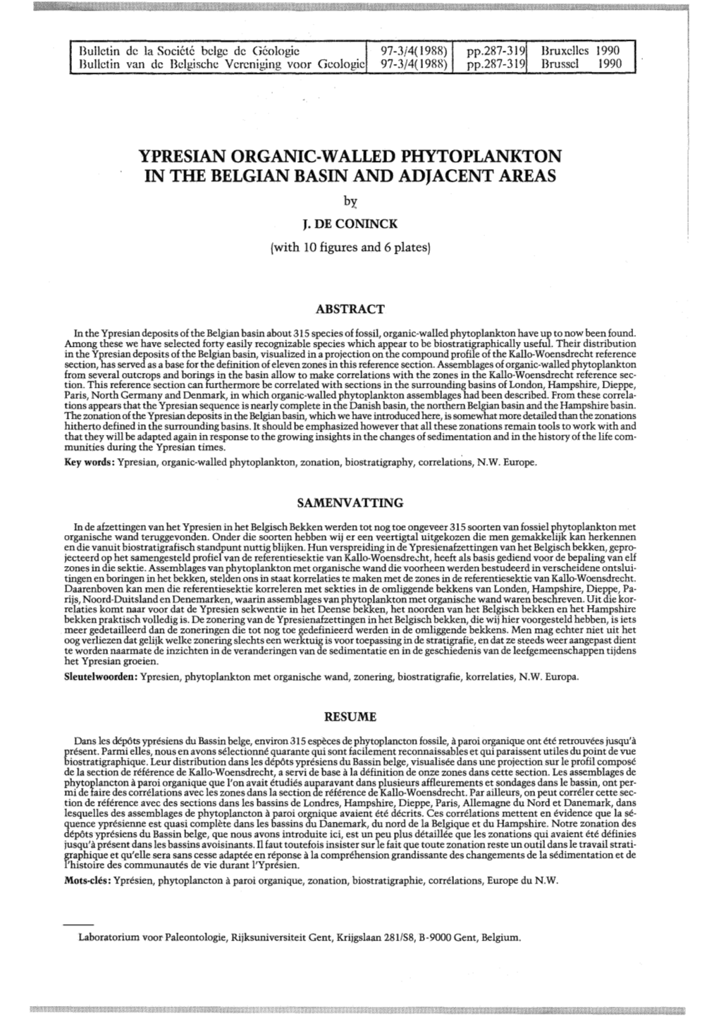 YPRESIAN ORGANIC-WALLED PHYTOPLANKTON in the BELGIAN BASIN and ADJACENT AREAS by J