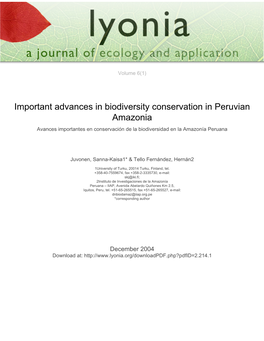 Important Advances in Biodiversity Conservation in Peruvian Amazonia Avances Importantes En Conservación De La Biodiversidad En La Amazonía Peruana