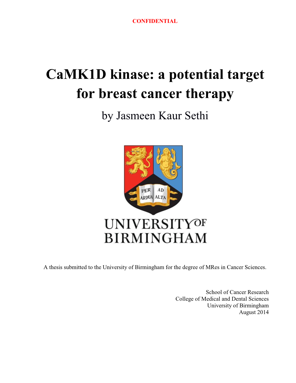 Camk1d Kinase: a Potential Target for Breast Cancer Therapy by Jasmeen Kaur Sethi