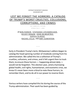 Lest We Forget the Horrors: a Catalog of Trump's Worst Cruelties, Collusions, Corruptions, and Crimes